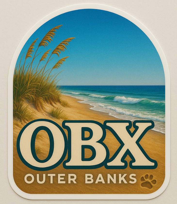 Decal with 'OBX Outer Banks' design featuring a beach scene with a dog paw print.