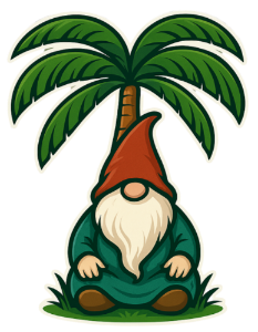 Palmetto Gnome with a red hat and white beard sitting under a palm tree on a white background