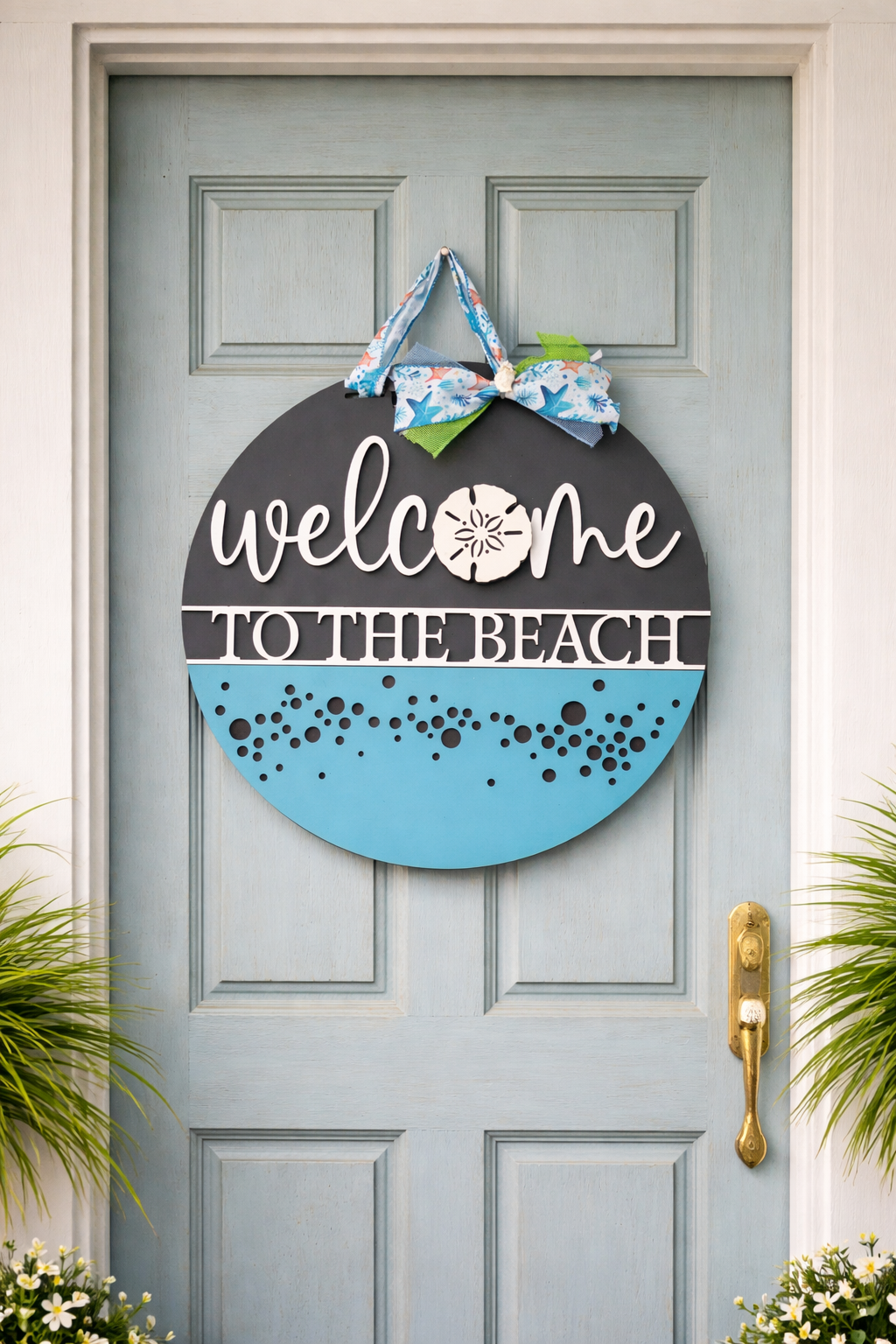 Welcome to the Beach Door Hanger – 16” Coastal Wood Sign | Layered Ocean Decor | Beach House Front Door Sign