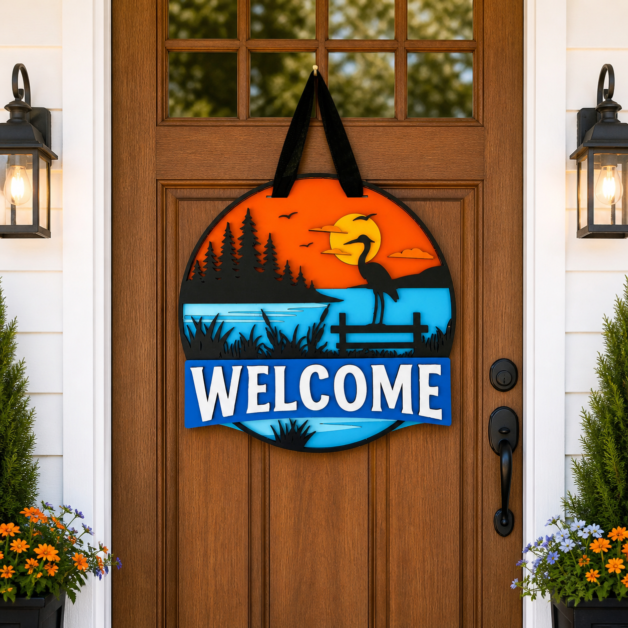 Sunset Lake Scene with Heron | Welcome Door Hanger – 16” Handcrafted 3D Wood Sign | Peaceful Front Door Decor