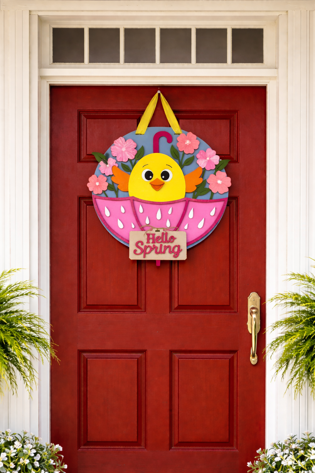 Hello Spring Door Hanger – 16” Handcrafted 3D Wood Sign | Layered Front Door Decor | Bright Floral Chick Welcome Sign