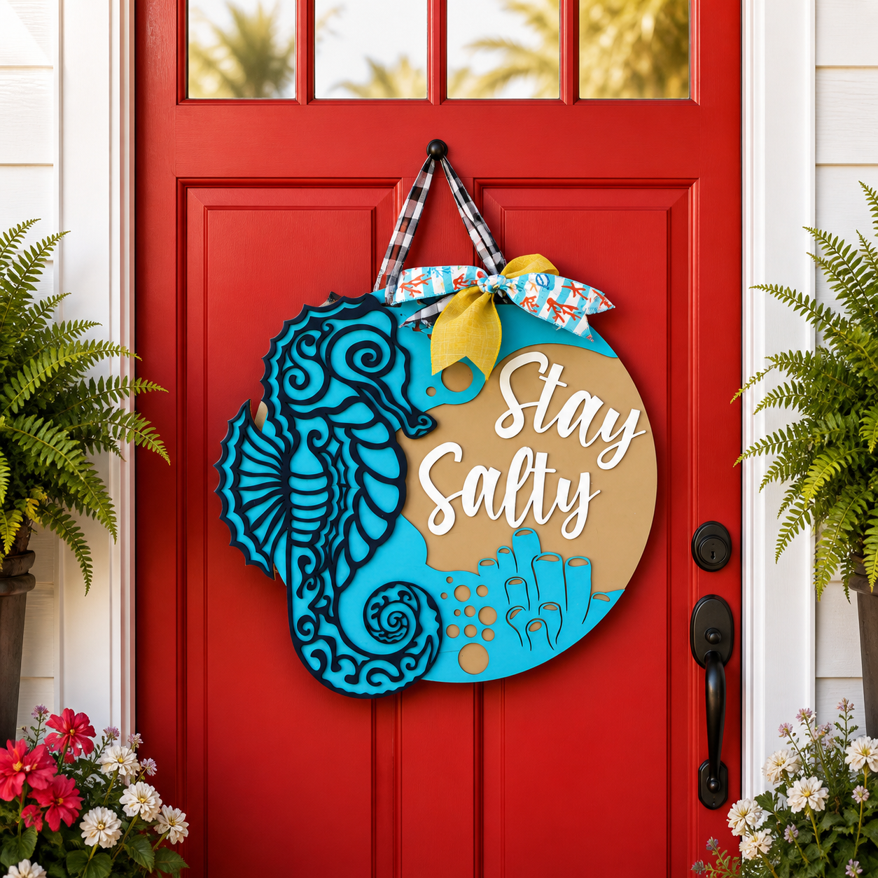 Stay Salty Door Hanger – 16” Handcrafted 3D Wood Sign | Coastal Seahorse Design | Beach Front Door Decor | Layered Ocean Porch Sign