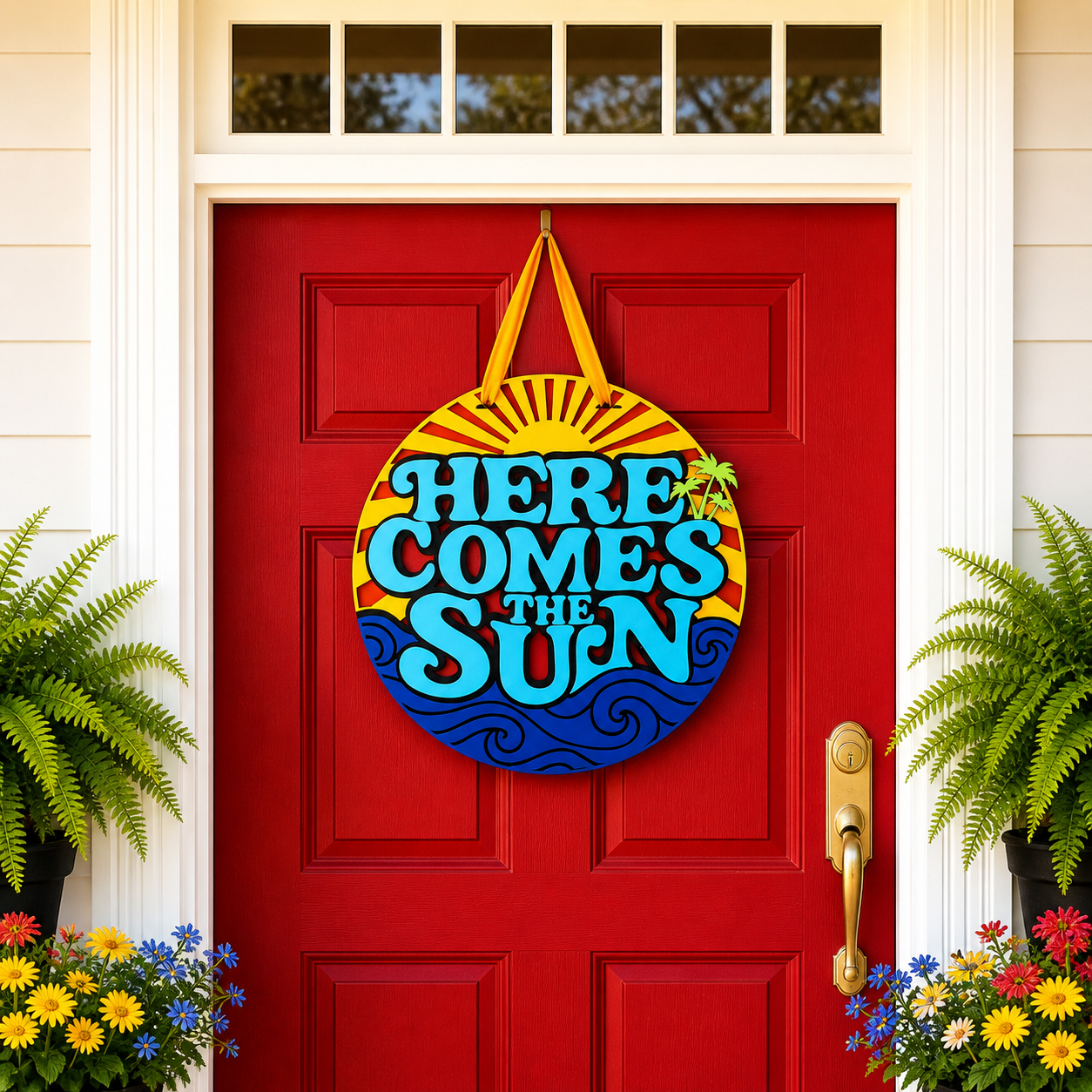 Here Comes the Sun Door Hanger – 16” Handcrafted 3D Wood Sign | Bright Coastal Design | Summer Front Door Decor That Pops