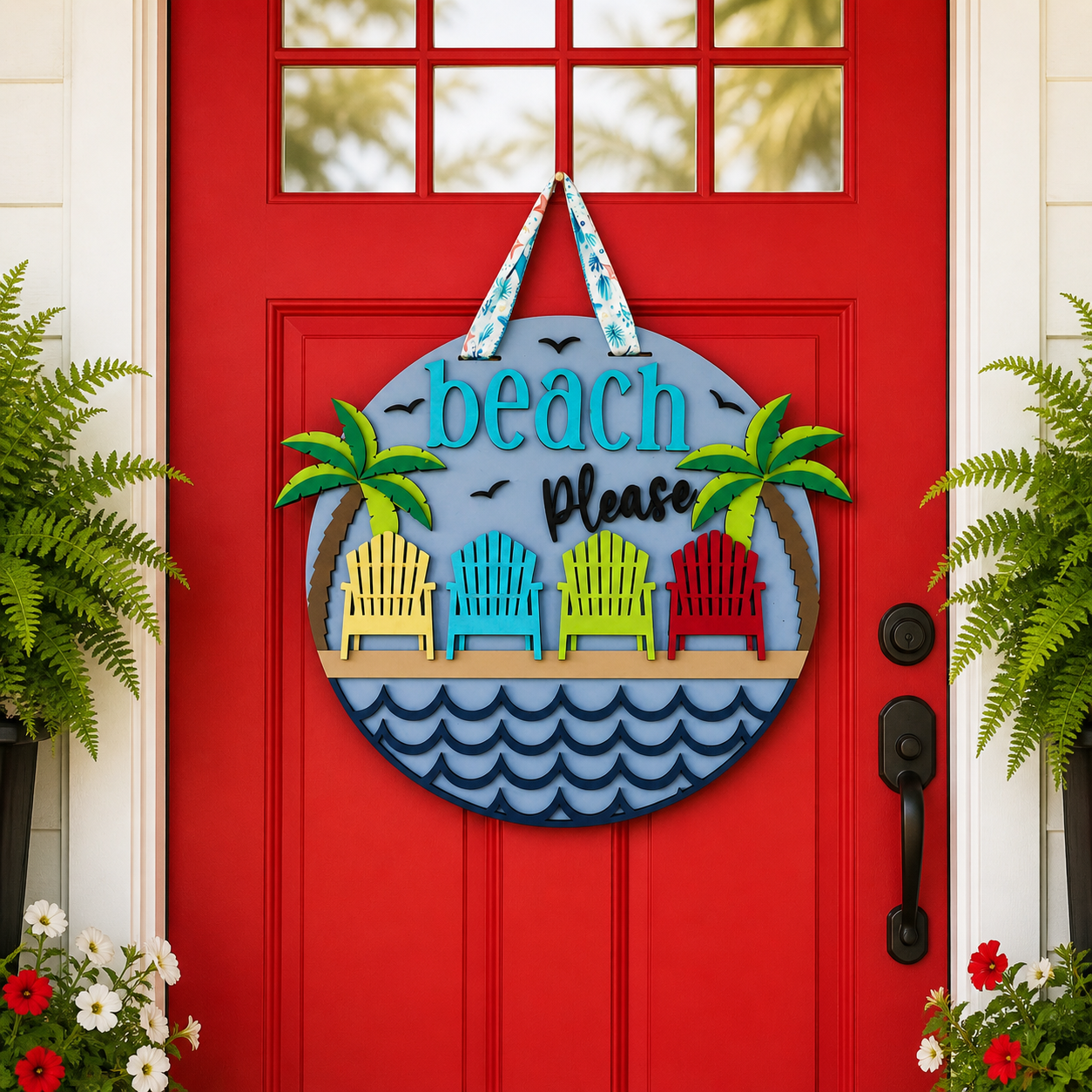 Beach Please Door Hanger – 16” Handcrafted 3D Wood Sign | Coastal Palm Tree & Chair Design | Summer Front Door Decor | Layered Porch Sign