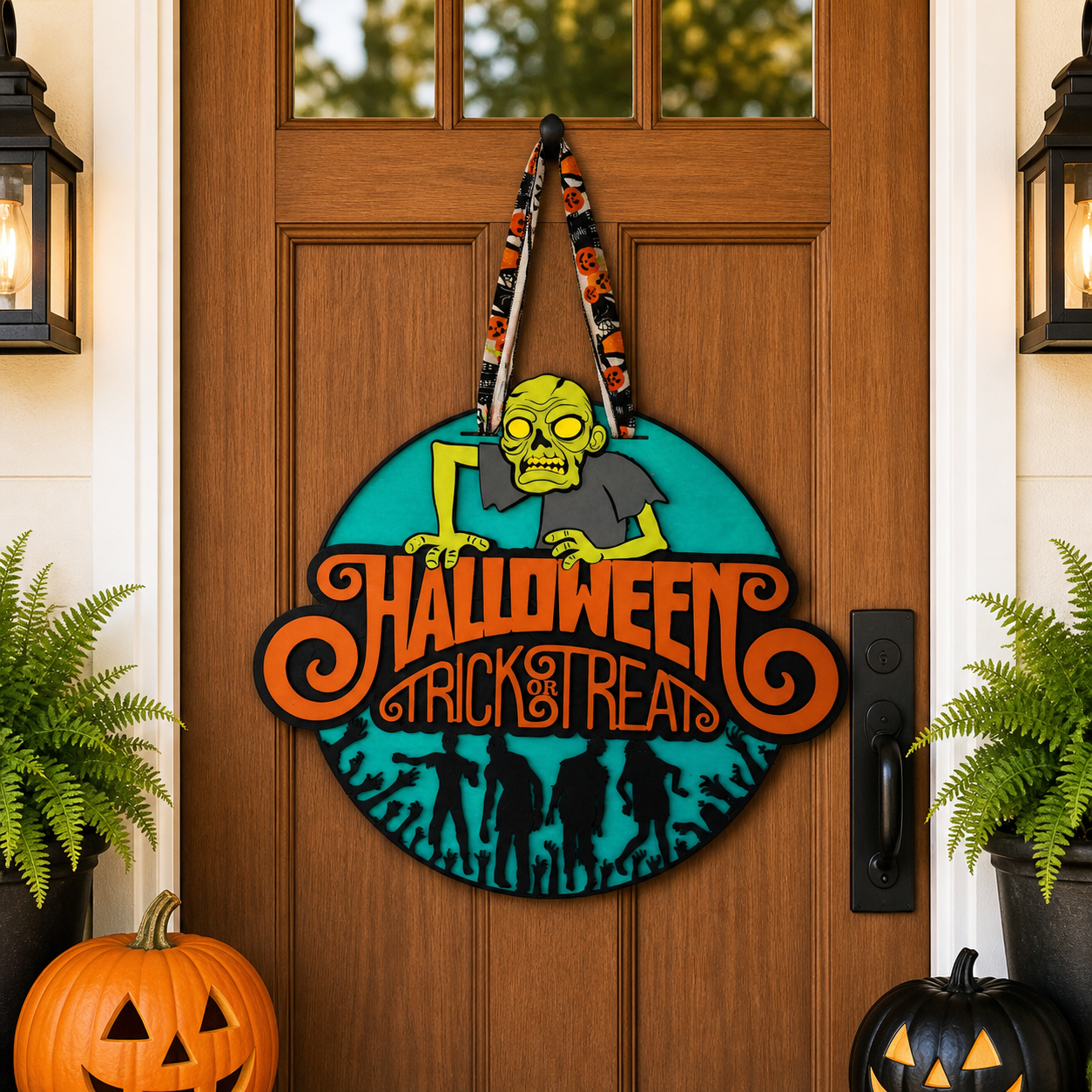 Halloween Door Hanger – 16” Handcrafted 3D Wood Sign | Bold Zombie Design | Spooky Decor That Stands Out