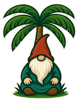 Palmetto Gnome with a red hat and white beard sitting under a palm tree on a white background