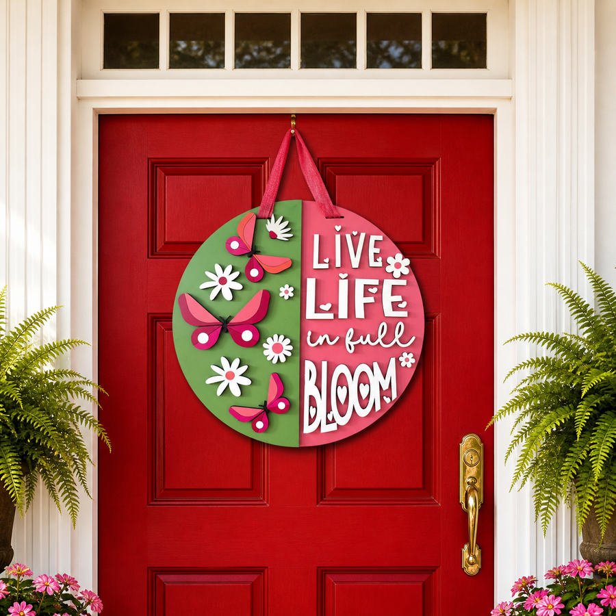 Live Life in Full Bloom Door Hanger – 16” Handcrafted 3D Wood Sign | Bright Floral Butterfly Design | Spring Front Door Decor That Pops