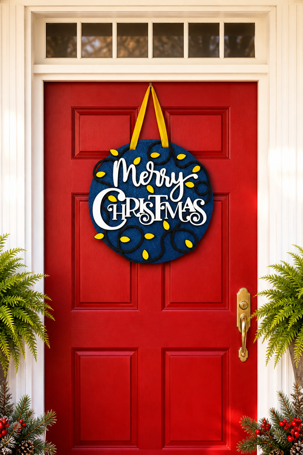 Merry Christmas Door Hanger – 16” Handcrafted 3D Wood Sign | Holiday Lights | Festive Front Door Decor That Stands Out