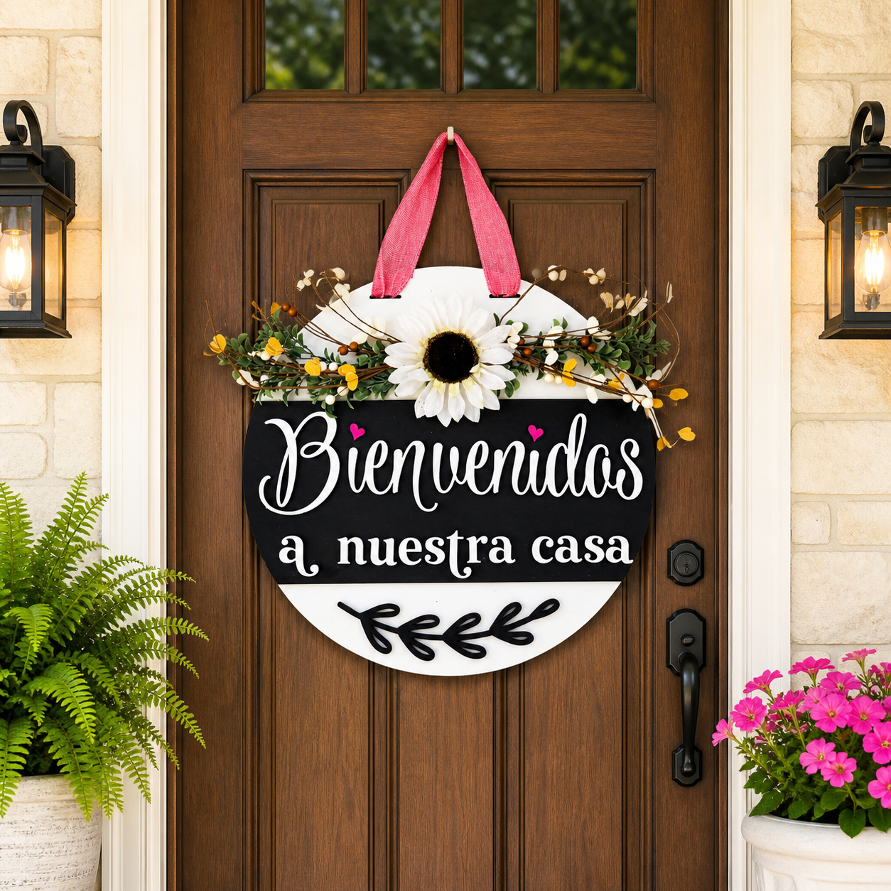 Bienvenidos a Nuestra Casa Door Hanger – 16” Handcrafted 3D Wood Sign | Spanish Welcome Sign | Floral Front Door Decor | Layered Porch Sign